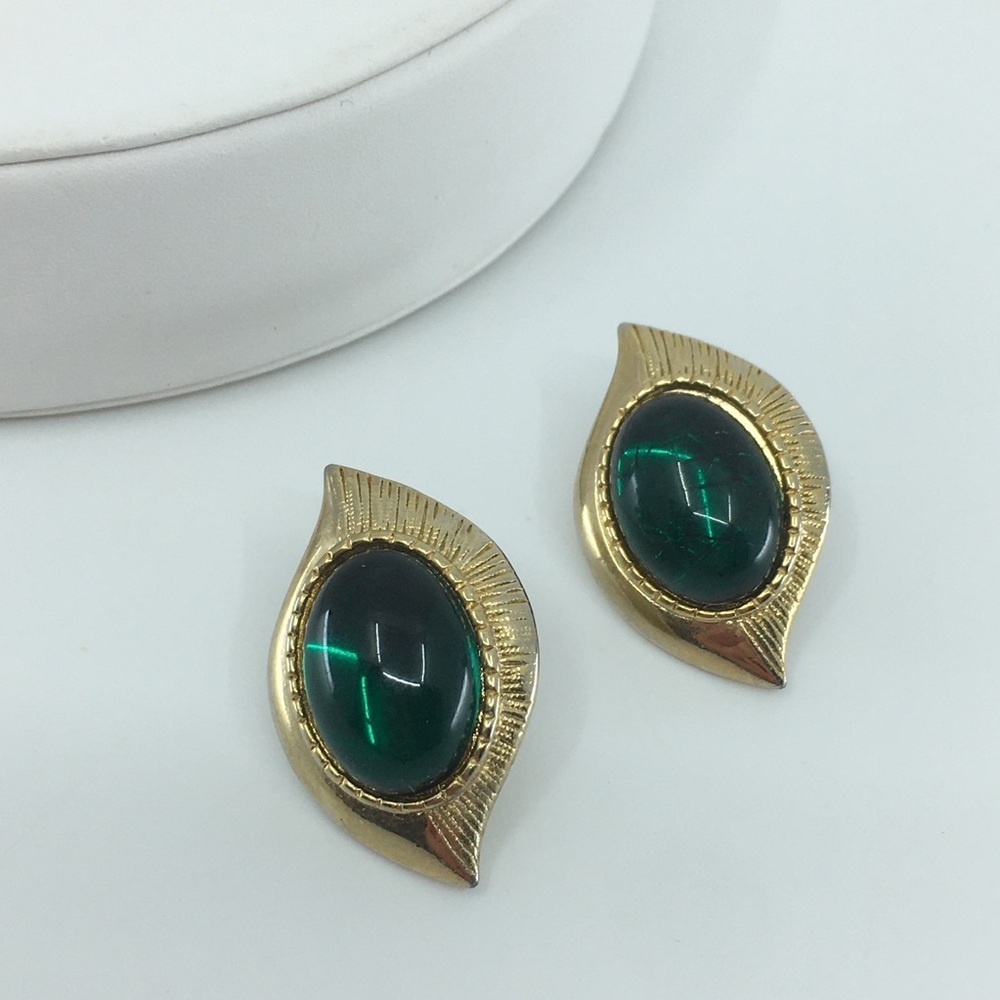 Vintage Signed Mjent Emerald Green & Gold Pierced Earrings Old Estate Jewelry